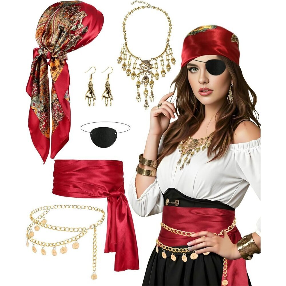 Pirate Costume Accessories Set for Women Men 6pcs Necklace Earrings Waist Chain